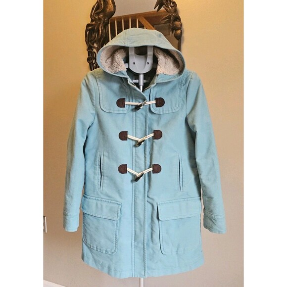 Boden Duffle Toggle Coat Womens US 8 UK 12 Aqua Blue Sherpa Lined Hooded Jacket - Picture 1 of 7